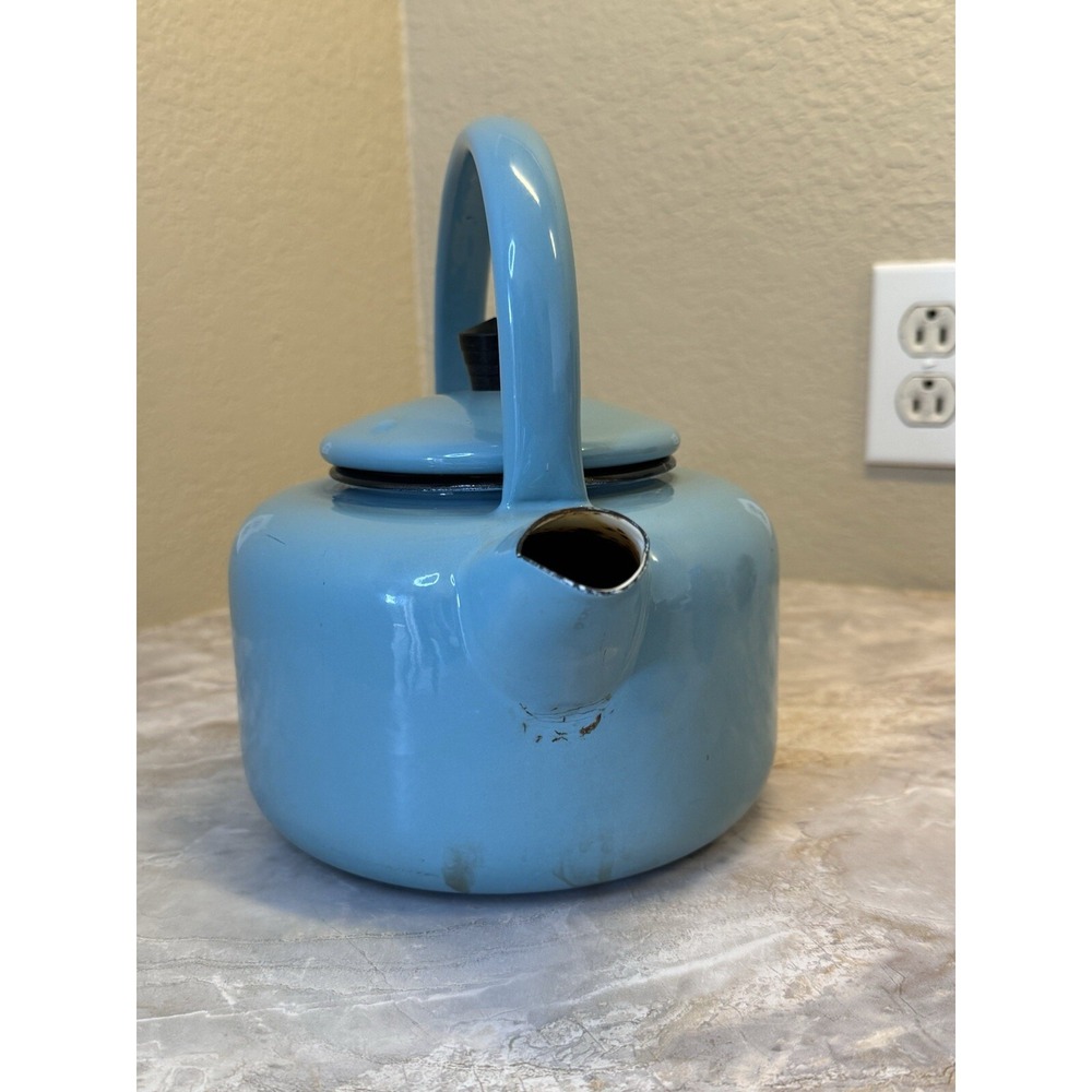 Vintage Blue Enamel Tea Kettle Stovetop Pot Mid Century Farmhouse Decor - Picture 8 of 12